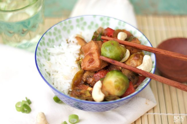 spruitjes_wok Gewokte spruitjes met kip en rijst