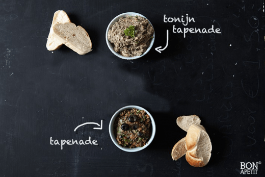 tonijn tapenade en tapenade met tomaat en stokbrood