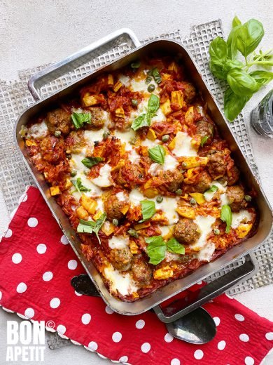 gehaktballen met orzo uit de oven