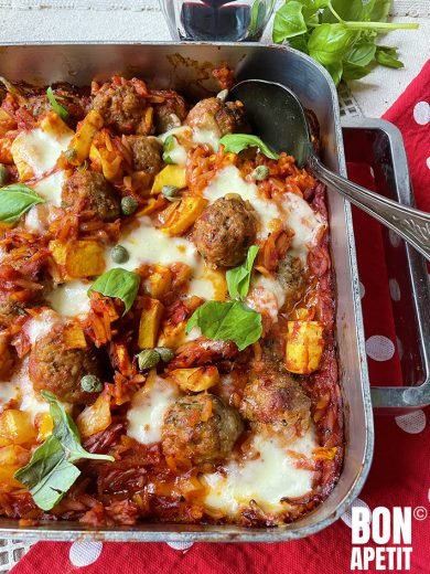 gehaktballen met orzo uit de oven